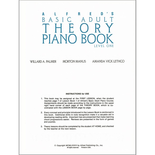 Alfred's Basic Adult Piano Course Theory Piano 1